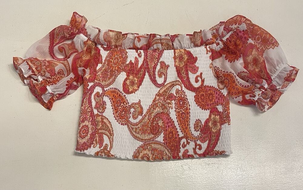 Express Women's Paisley Puff Sleeve Off Shoulder Blouse Red Pink Size M Cropped